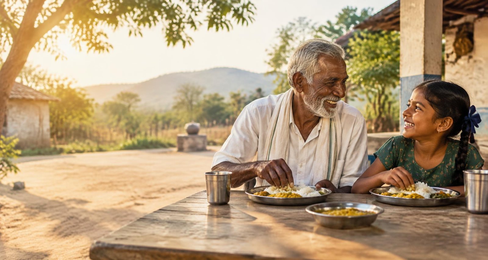 An elder and a child sharing a meal together at Kamala Bethany Foundation
