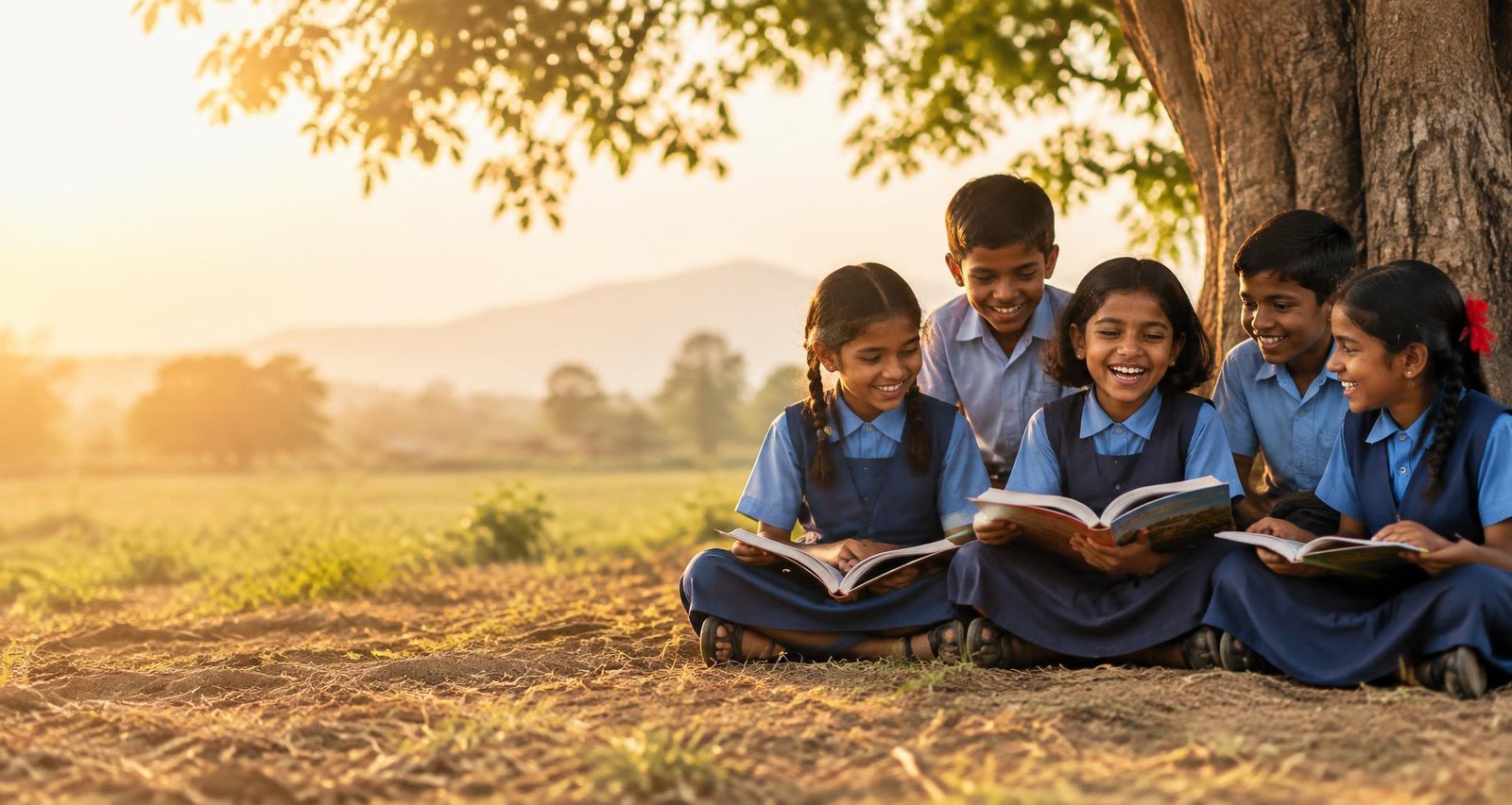 Children reading and learning together under a tree at Kamala Bethany Foundation