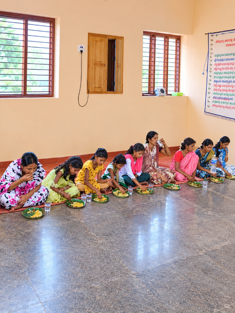 Women and children sharing a meal at the foundation